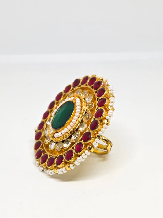Gold Finish Kundan Ring with Red and Green Stones