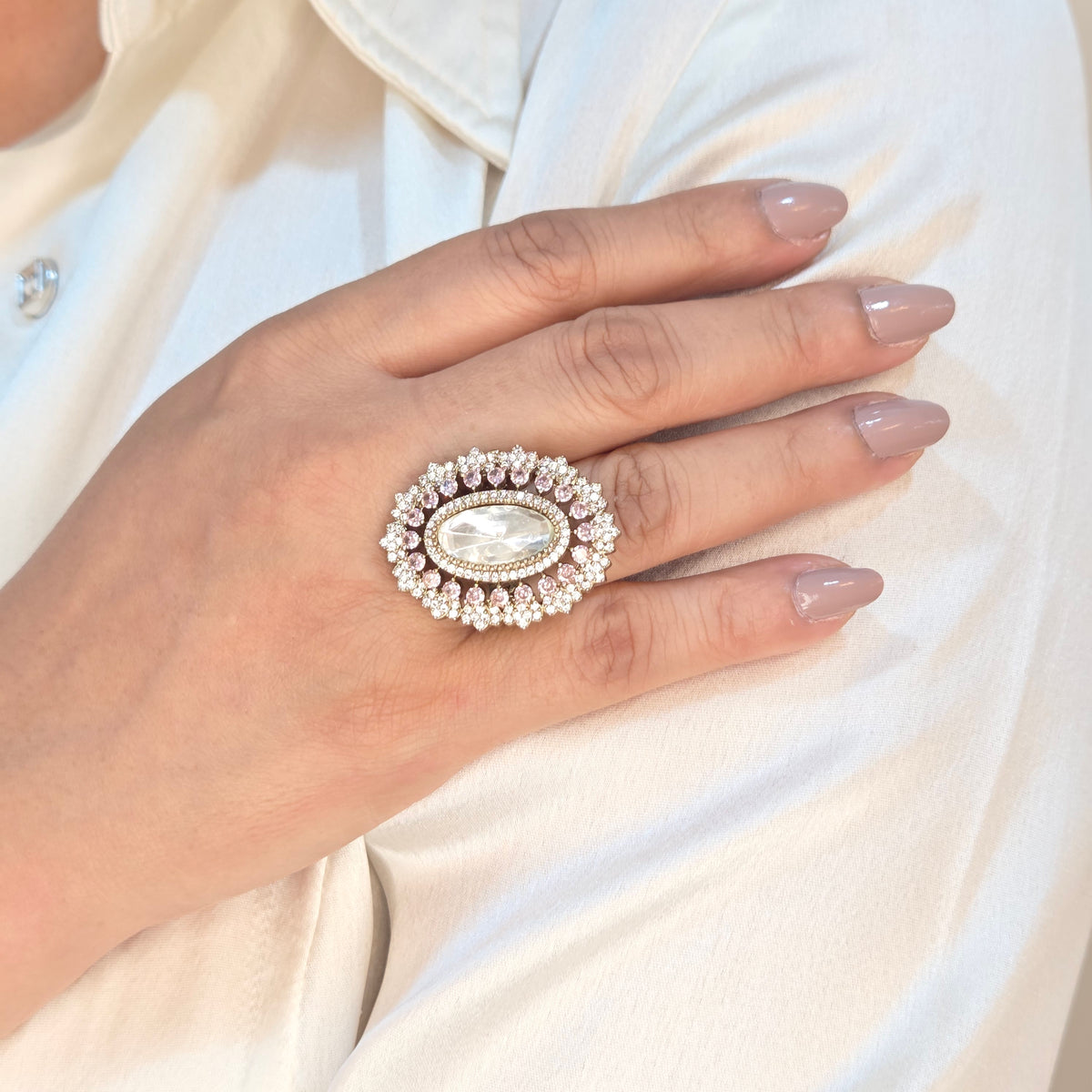 Gold-Tone Oval Zircon Studded Ring