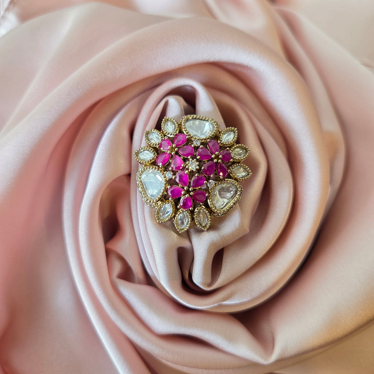 Gold-Tone Pink Zircon & Polki Floral Ring