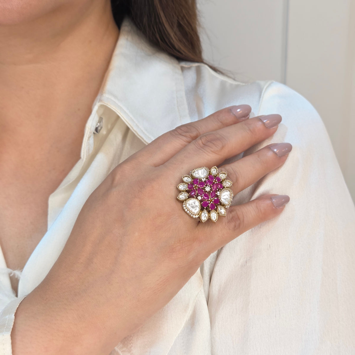 Gold-Tone Pink Zircon & Polki Floral Ring