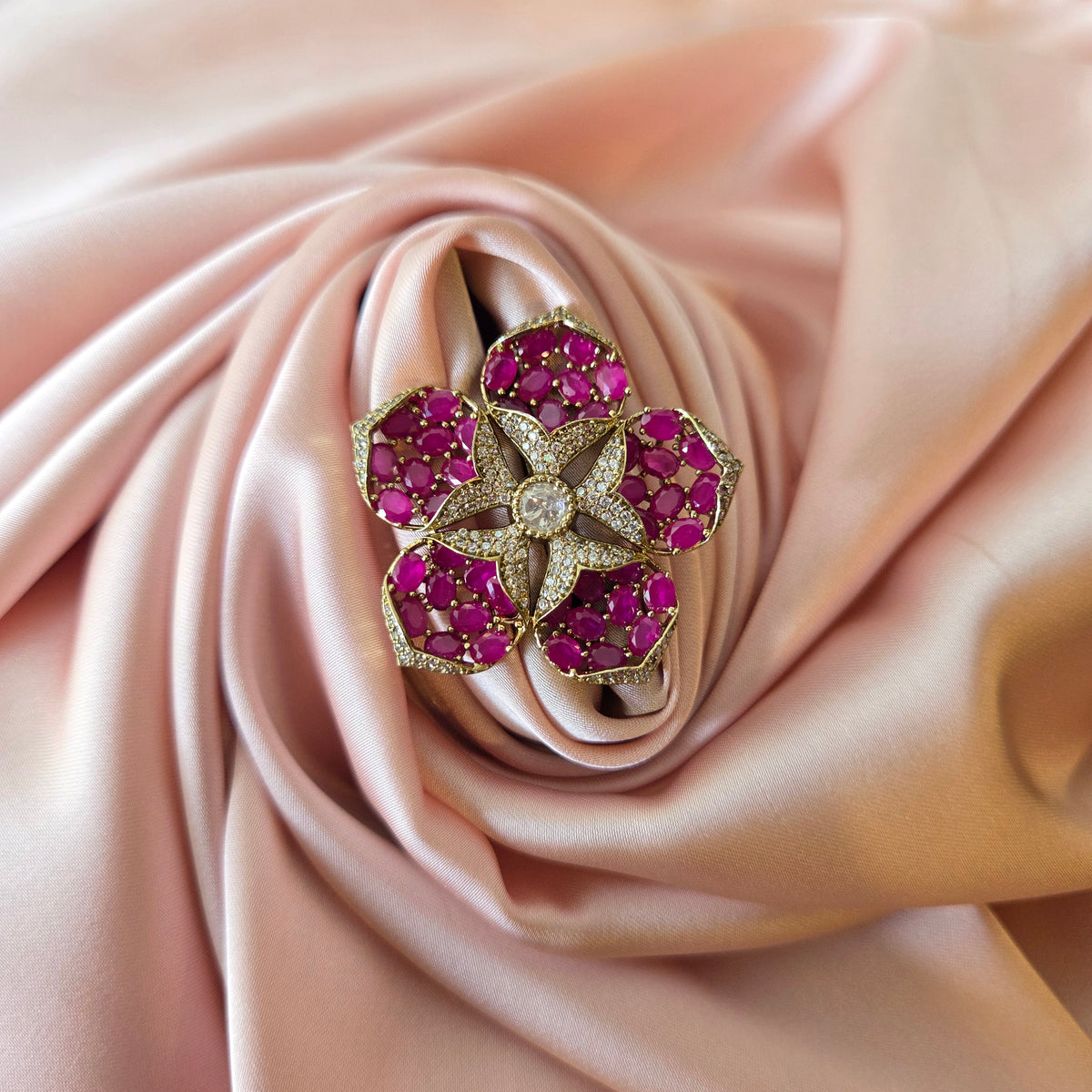 Gold-Tone Pink Zircon Floral Studded Ring