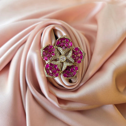Gold-Tone Pink Zircon Floral Studded Ring
