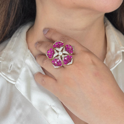 Gold-Tone Pink Zircon Floral Studded Ring