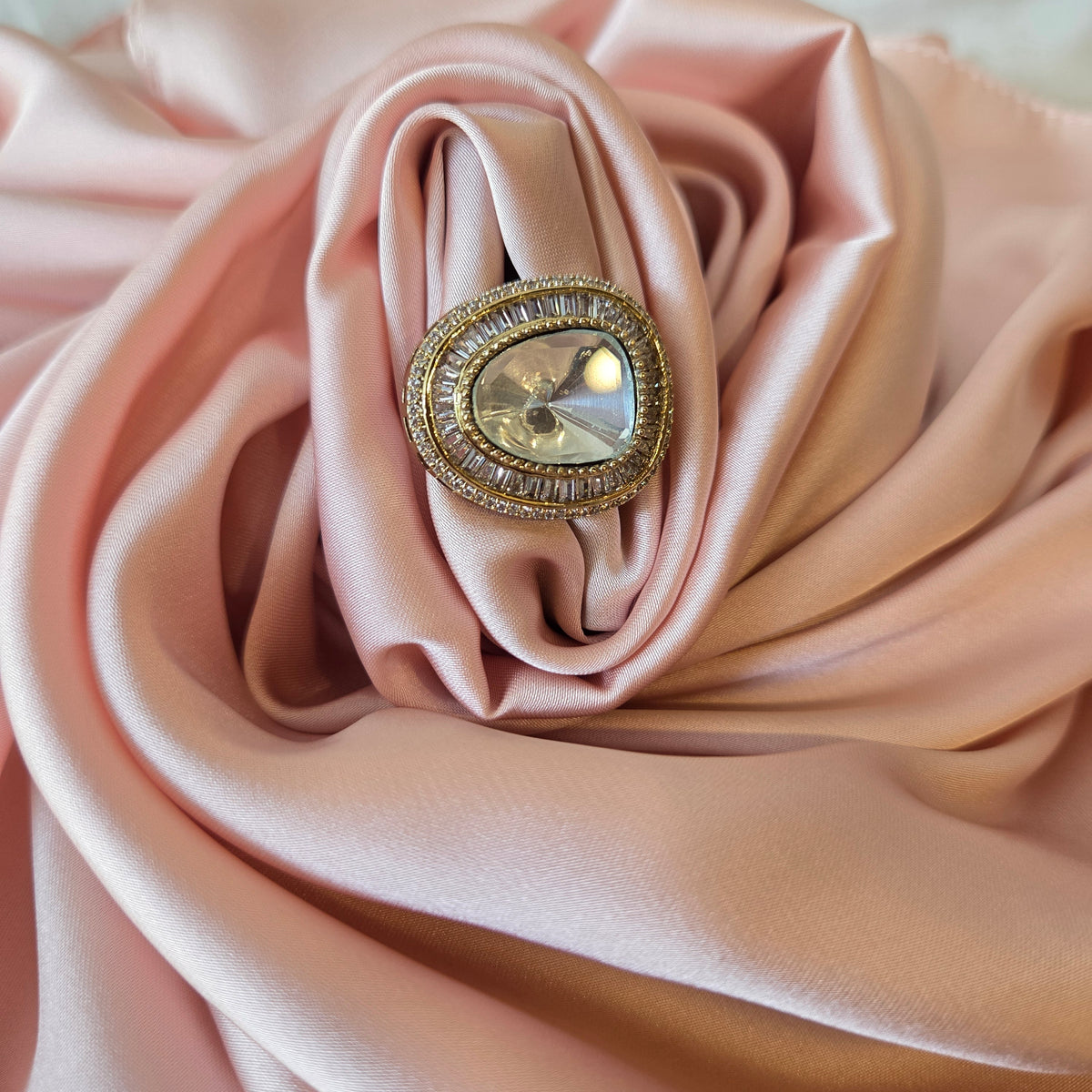 Gold-Tone Oval Stone Studded Ring