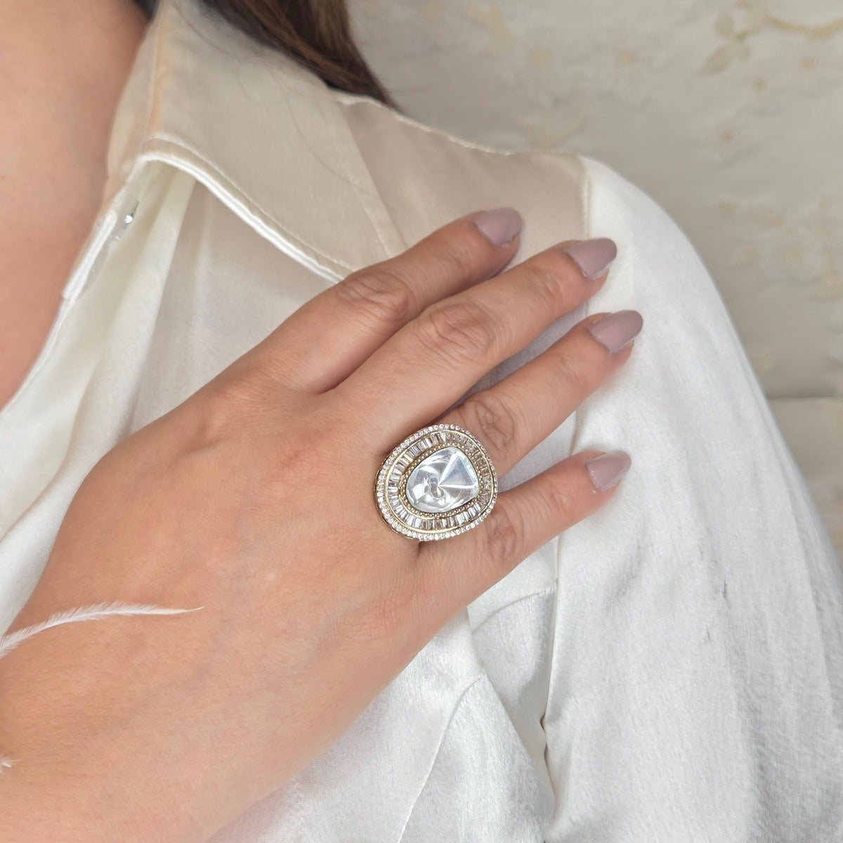 Gold-Tone Oval Stone Studded Ring