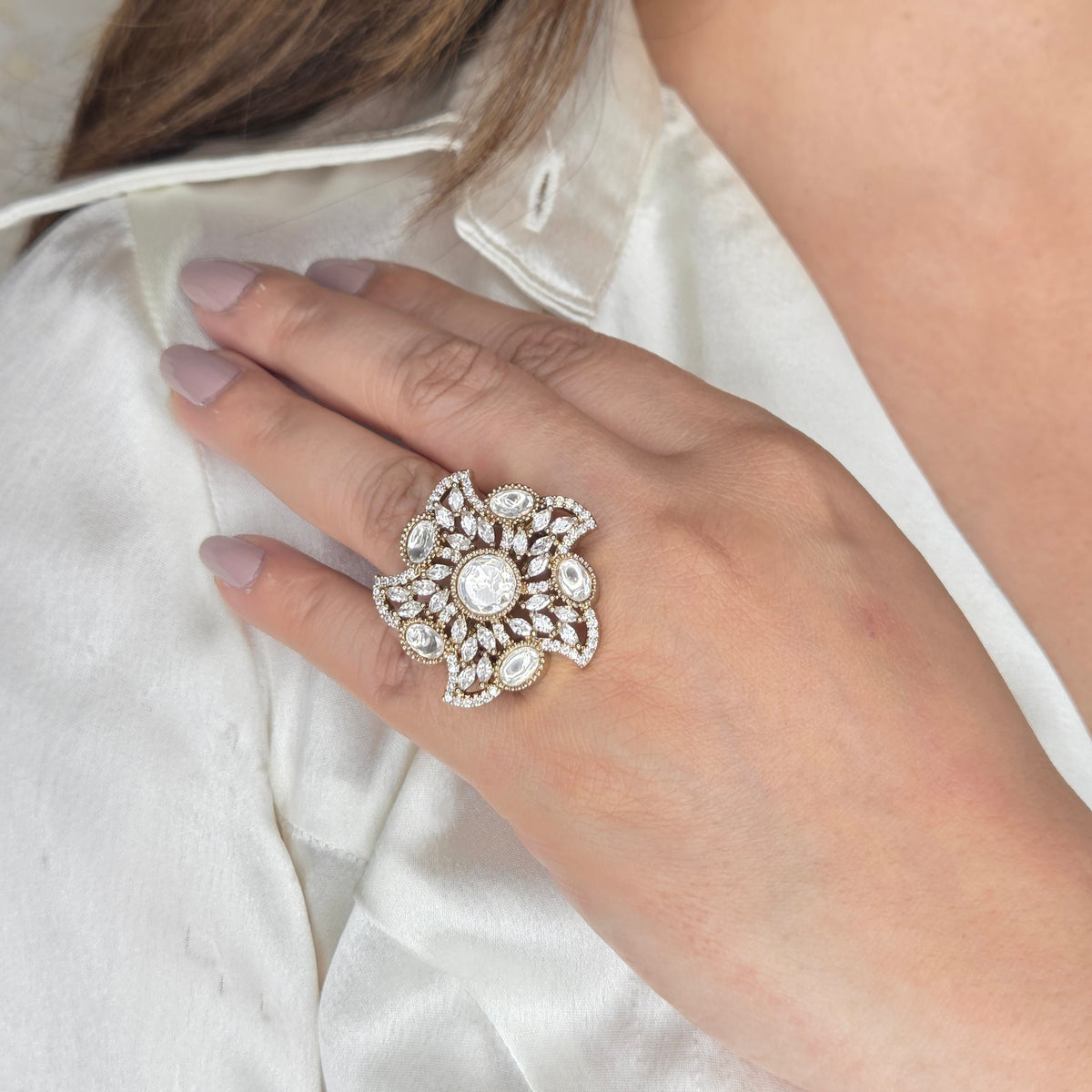 Gold Floral Kundan Ring