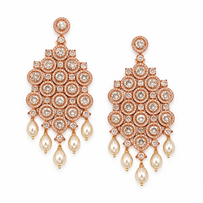 Rose Gold Finish Zircon Danglers with Pearl Drops