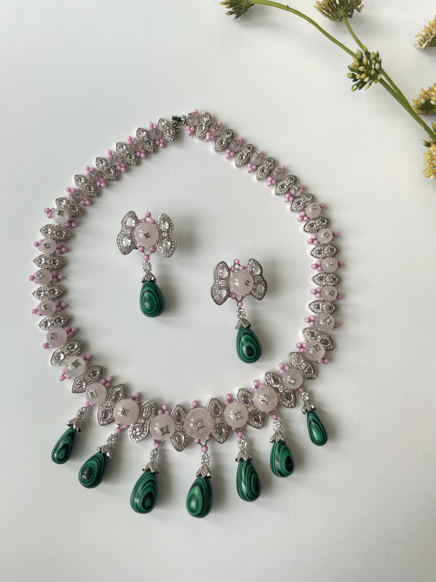 White Finish Pastel Pink Stone Necklace with Malachite and Zircon