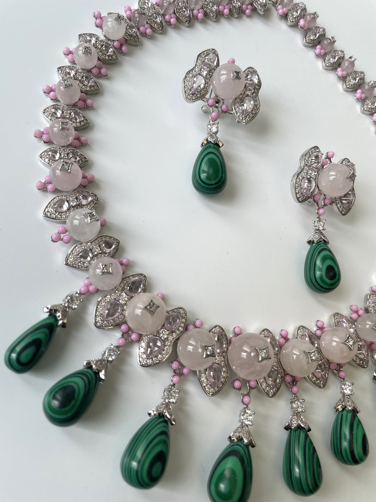 White Finish Pastel Pink Stone Necklace with Malachite and Zircon