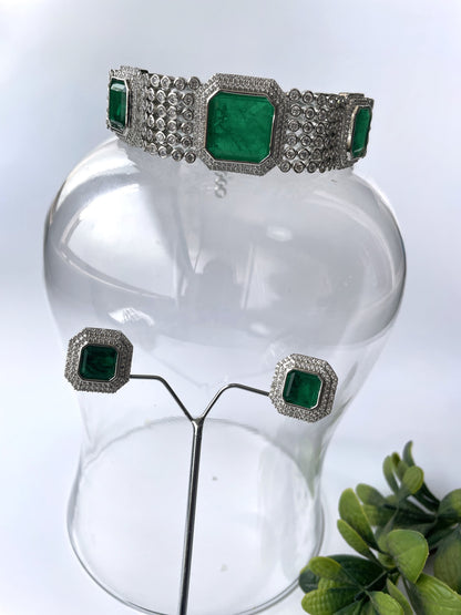 Emerald And Zircon Studded Exclusive Choker Set