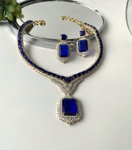 Crystal Doublet Studded Exquisite Necklace Set with Royal Blue Stone