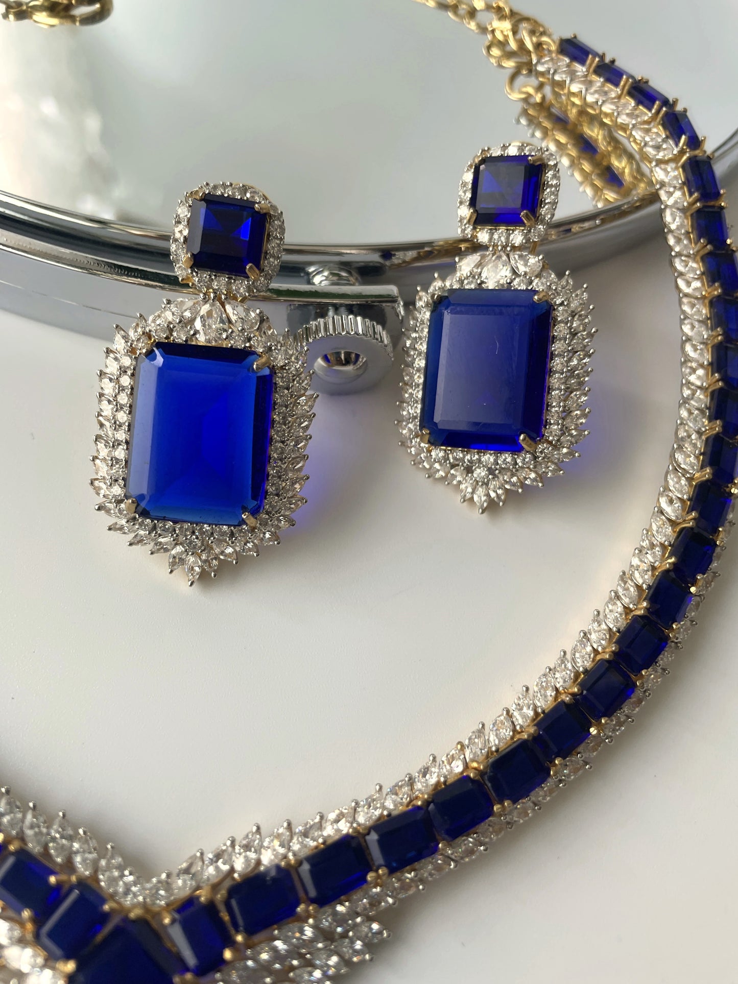 Crystal Doublet Studded Exquisite Necklace Set with Royal Blue Stone