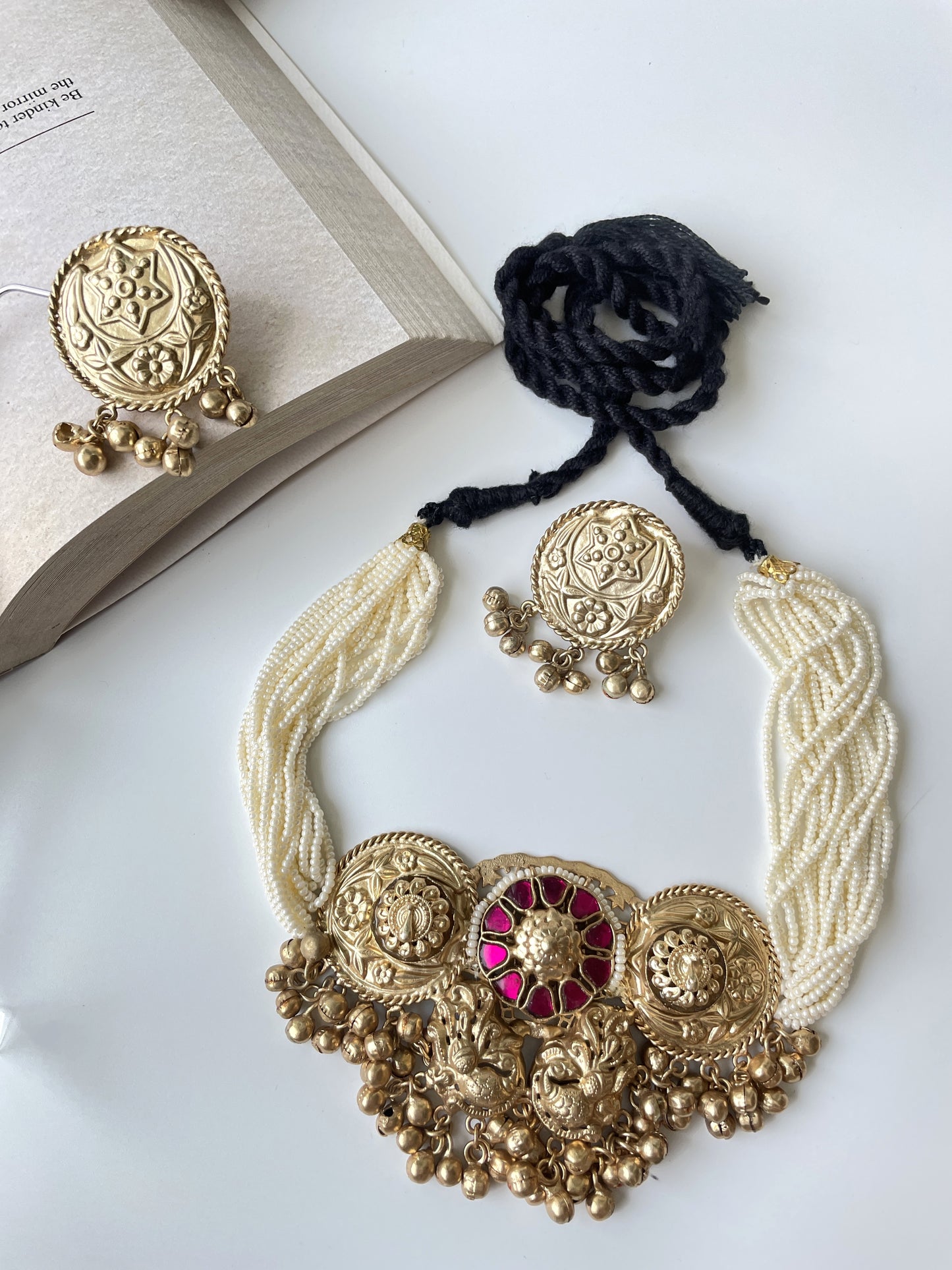 Temple Motif Traditional Necklace Set with Pearls