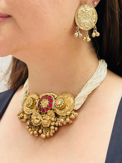 Temple Motif Traditional Necklace Set with Pearls