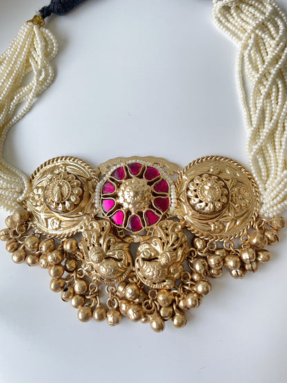 Temple Motif Traditional Necklace Set with Pearls