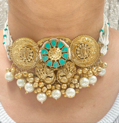 Gold Finish Turquoise Studded Temple Necklace Set with Pearls