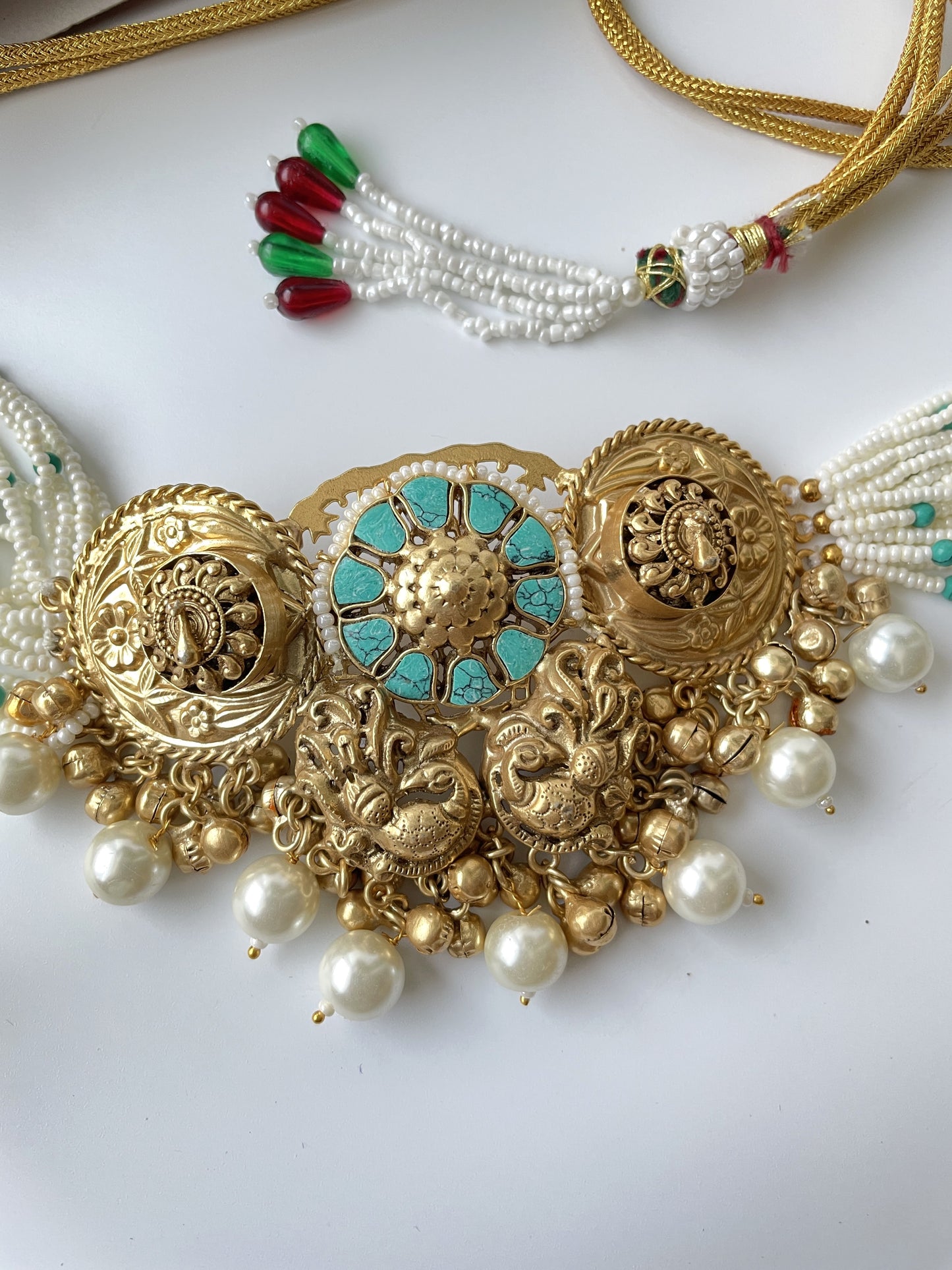 Gold Finish Turquoise Studded Temple Necklace Set with Pearls