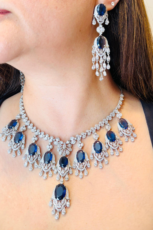 White Finish Blue Stone and Zircon Necklace Set