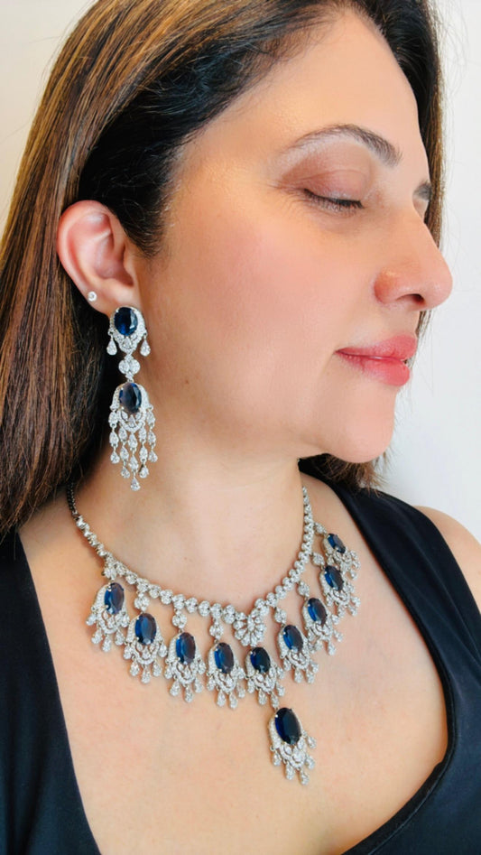 White Finish Blue Stone and Zircon Necklace Set