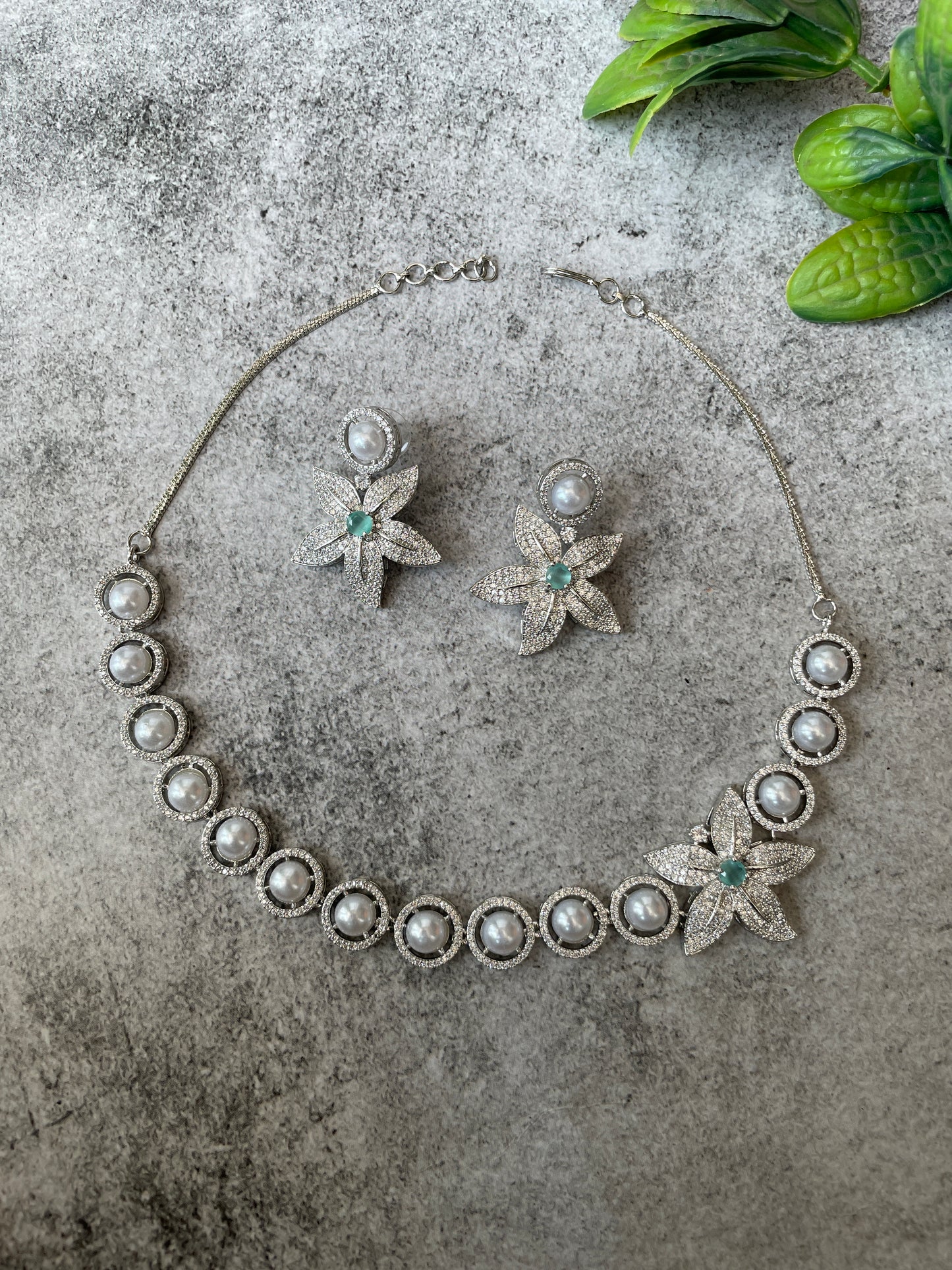 Silver Finish Zircon and Pearl Necklace Set with Star Motif