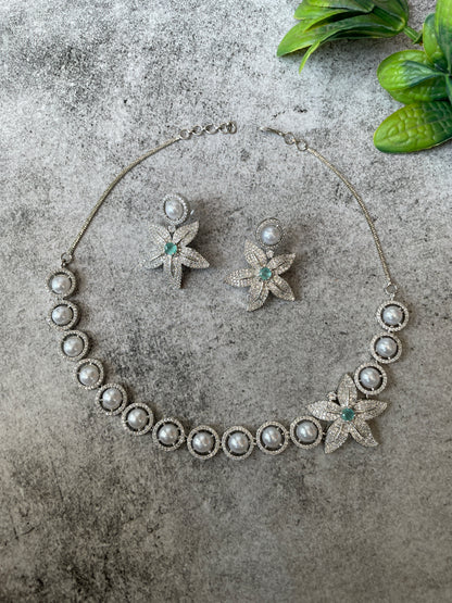 Silver Finish Zircon and Pearl Necklace Set with Star Motif