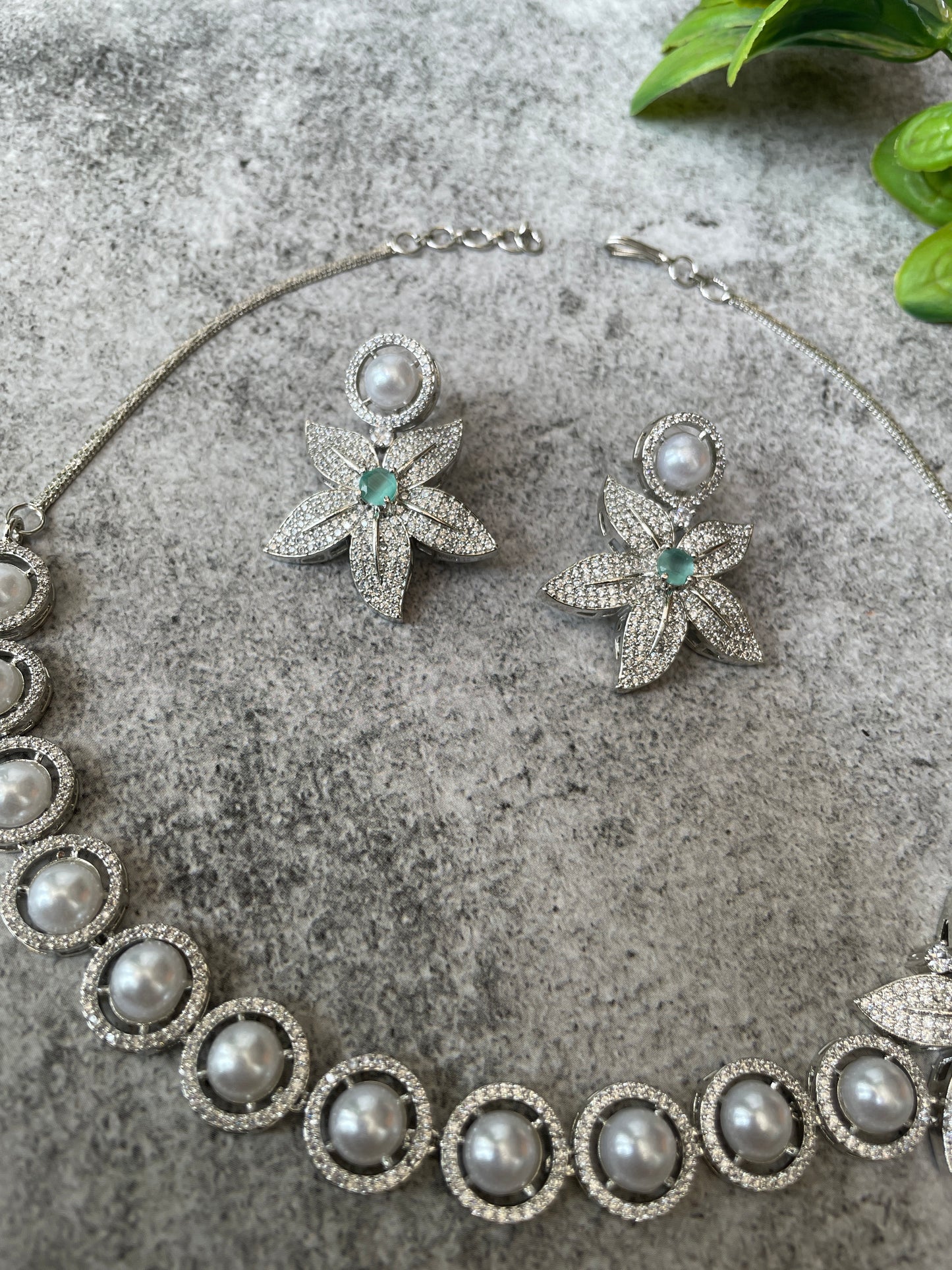 Silver Finish Zircon and Pearl Necklace Set with Star Motif