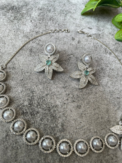 Silver Finish Zircon and Pearl Necklace Set with Star Motif