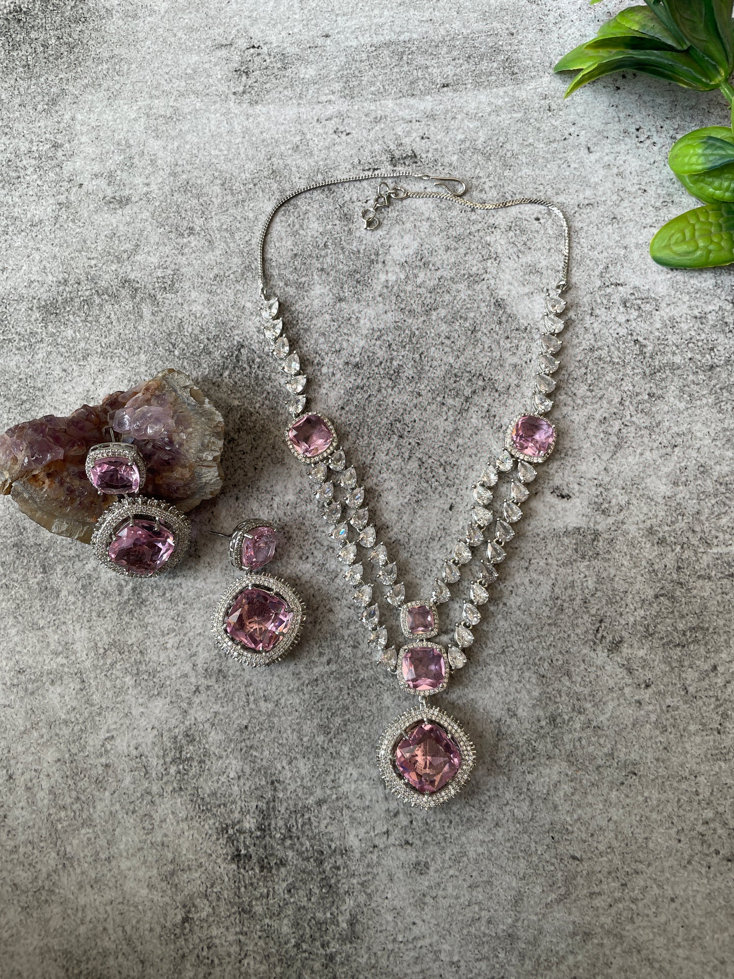 Layered Blush Pink Stone and Zircon Necklace Set