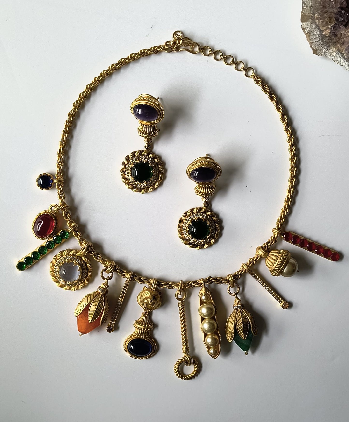 Matte Gold Finish Quirky Necklace Set with Pearls and Multicoloured Stones