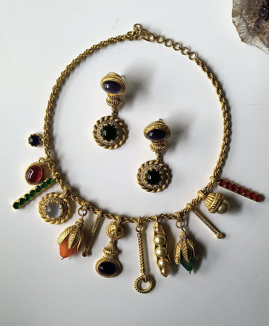 Matte Gold Finish Quirky Necklace Set with Pearls and Multicoloured Stones