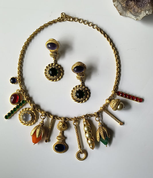 Matte Gold Finish Quirky Necklace Set with Pearls and Multicoloured Stones