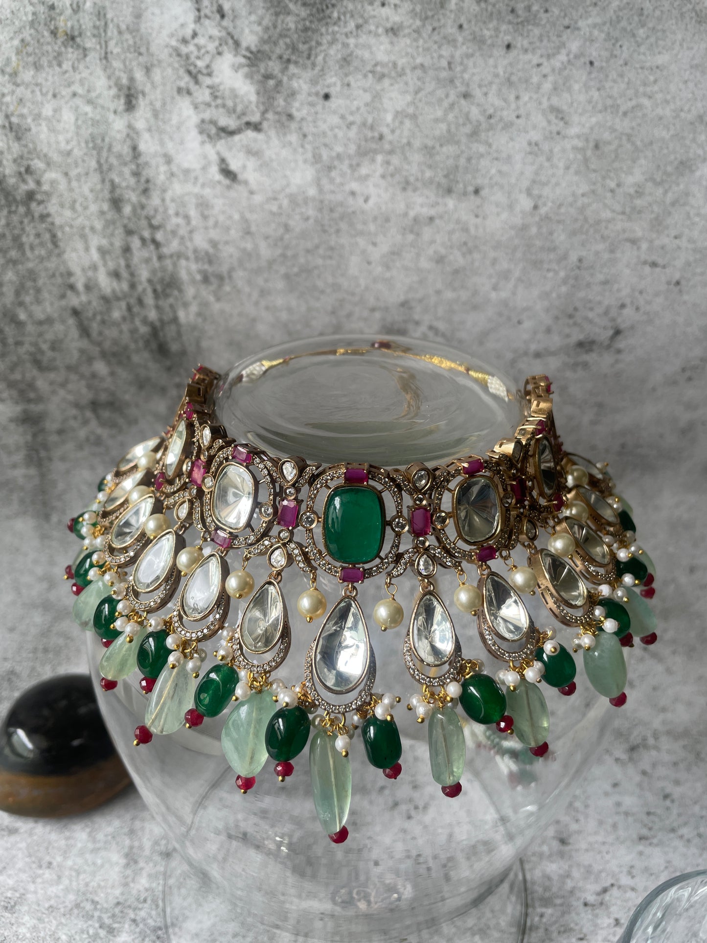 Kundan Necklace Set with the perfect Red and Green Stone Combo, accentuated with Pearls