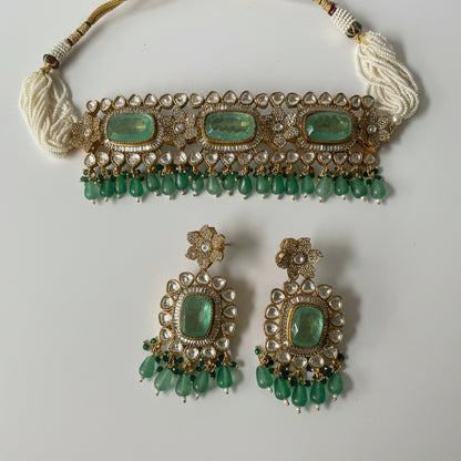 Gold Finish Jade Green Stone Utsav Kundan Choker Set with Pearl String