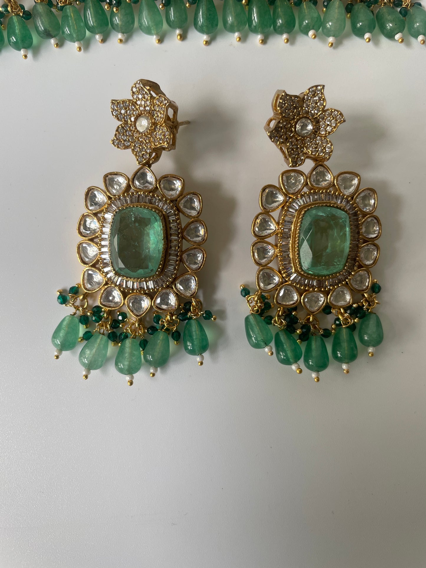 Gold Finish Jade Green Stone Utsav Kundan Choker Set with Pearl String