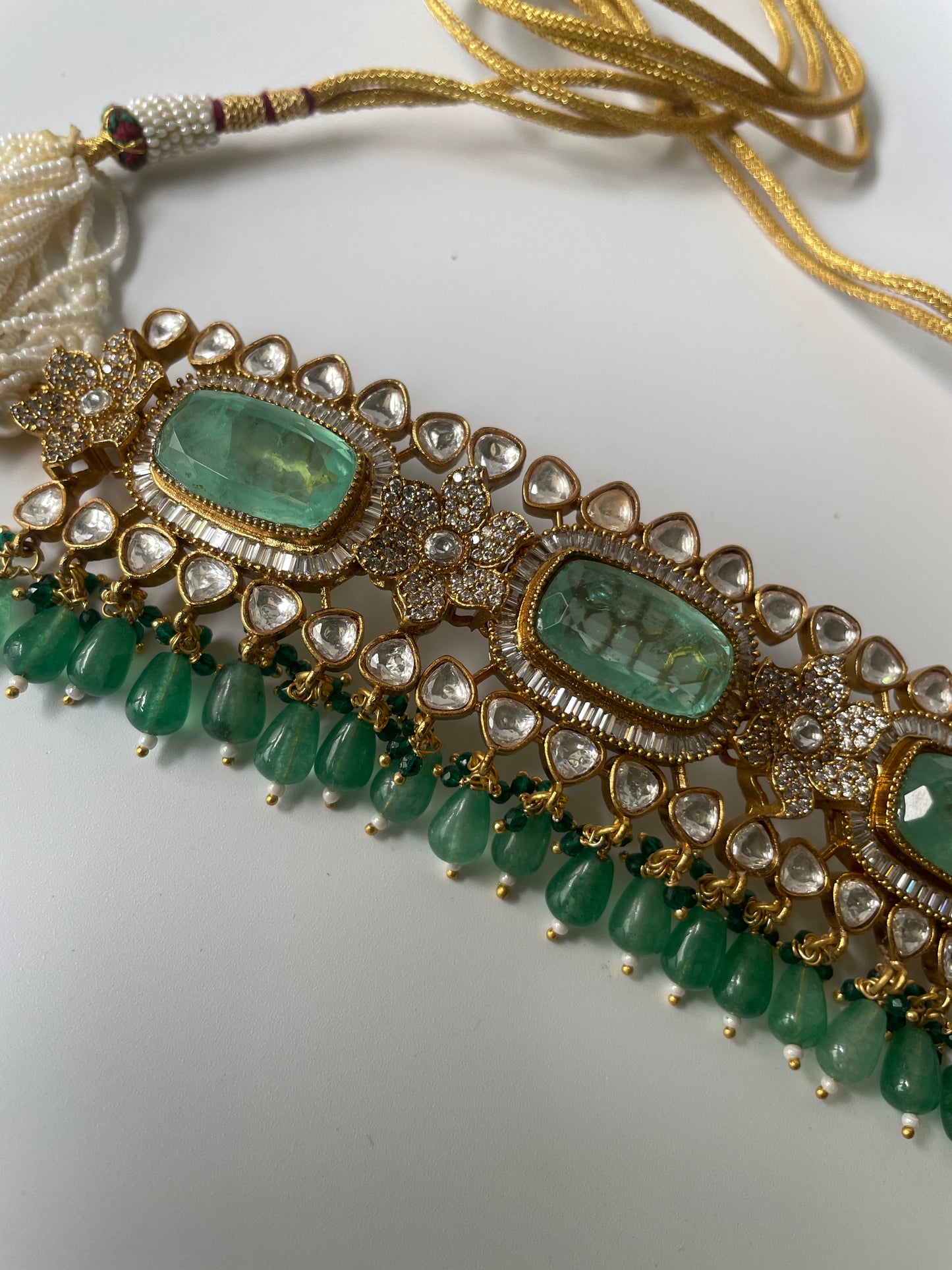 Gold Finish Jade Green Stone Utsav Kundan Choker Set with Pearl String