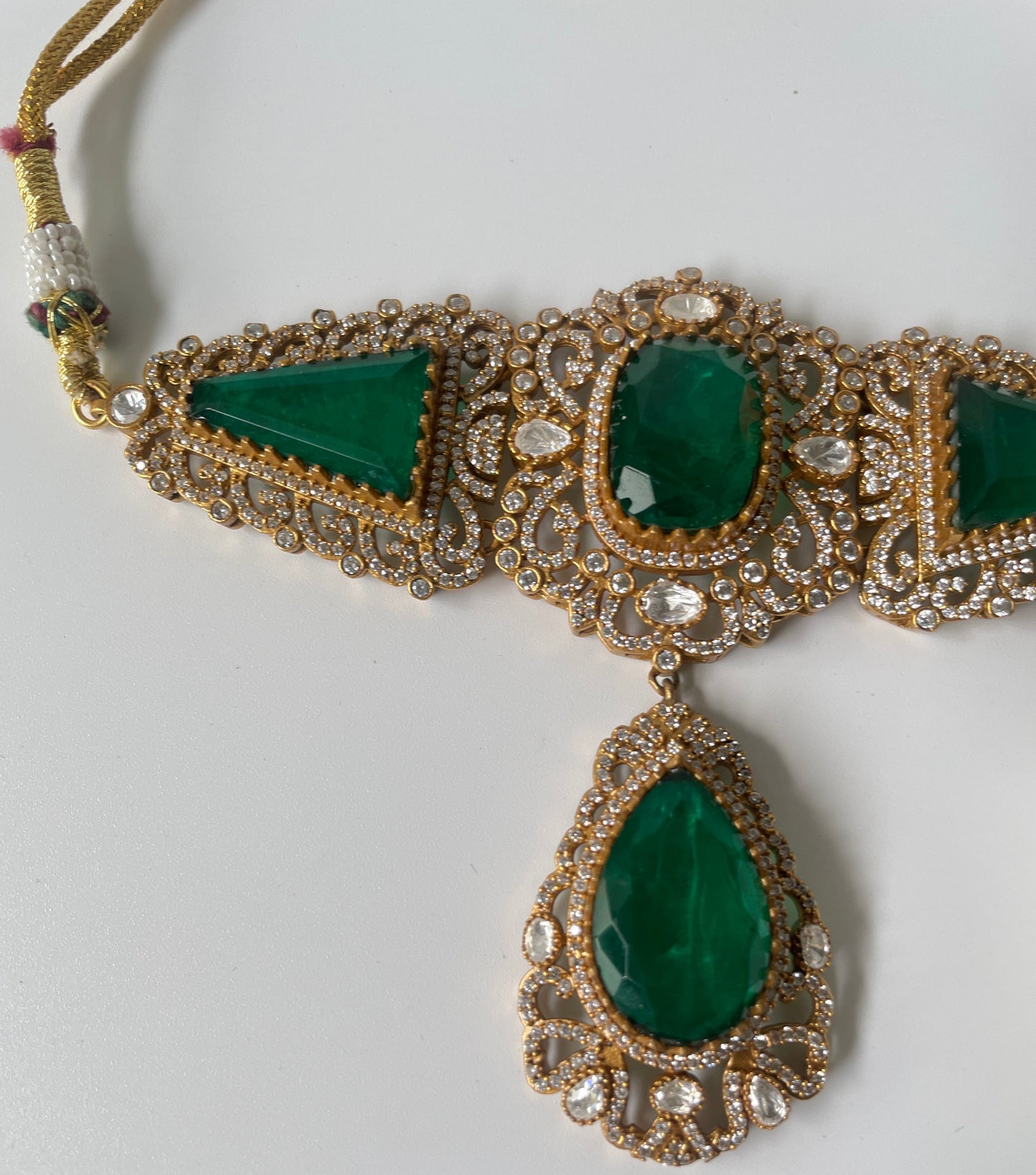 Cut Work Metal Detailing Green Stone Studded Necklace Set