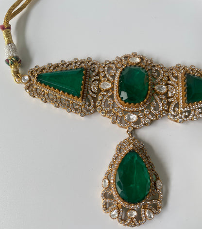Cut Work Metal Detailing Green Stone Studded Necklace Set