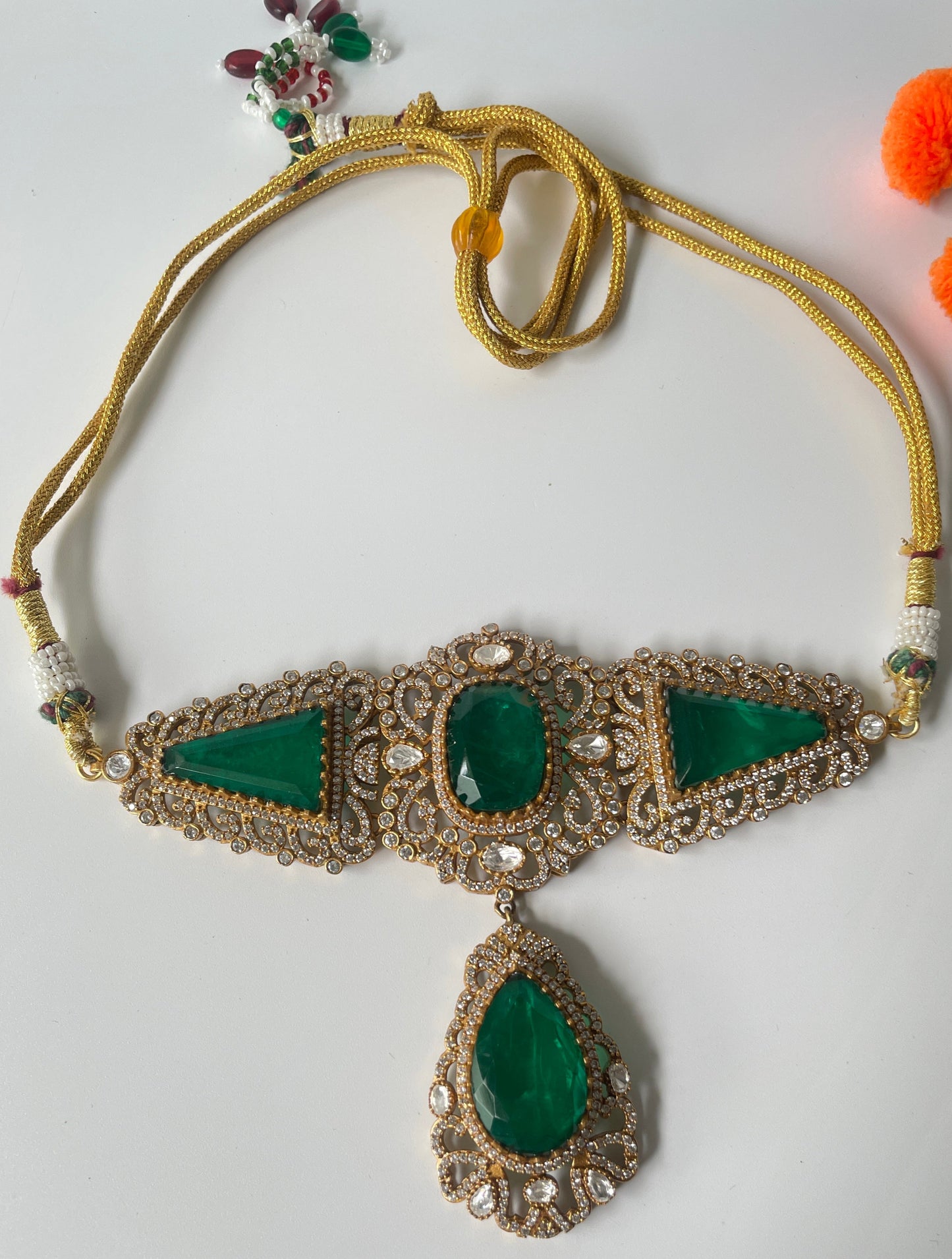Cut Work Metal Detailing Green Stone Studded Necklace Set