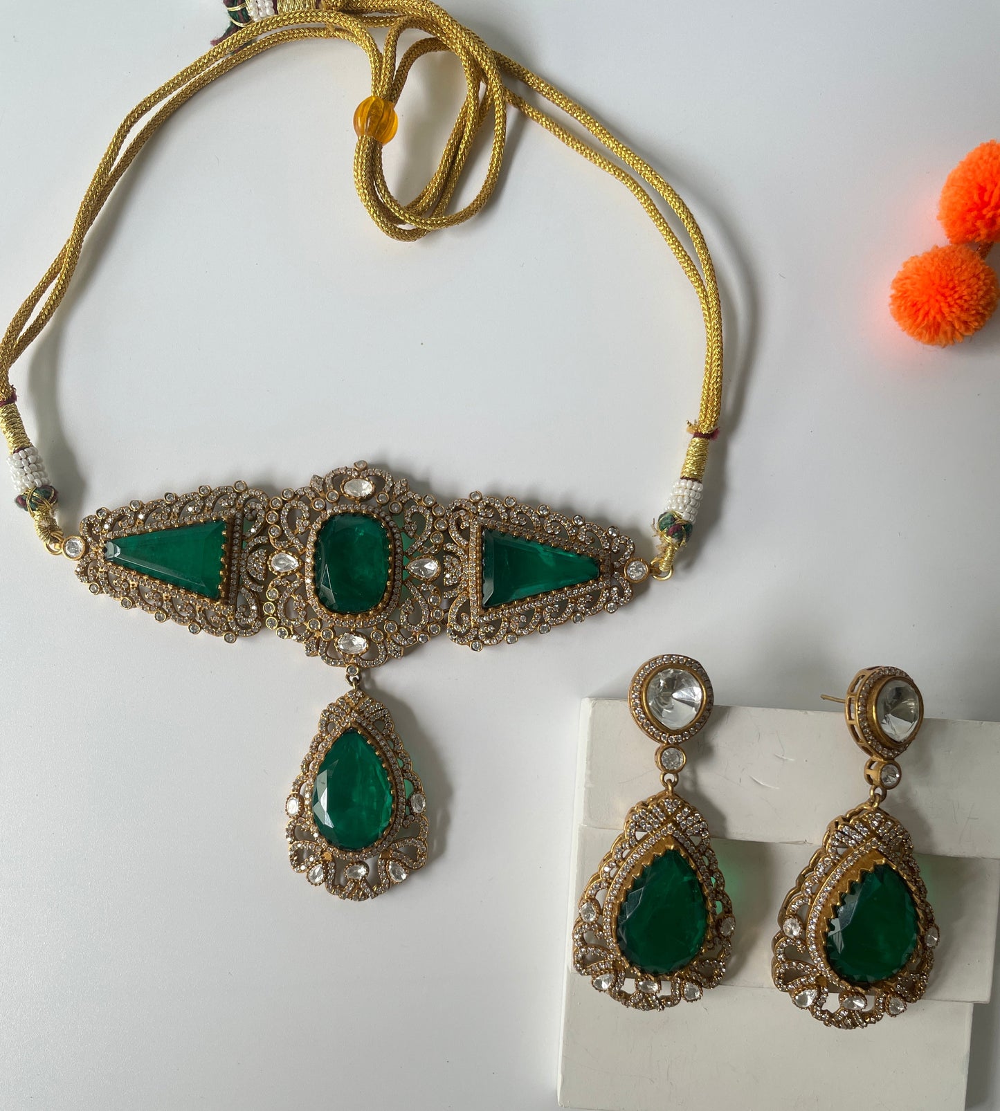 Cut Work Metal Detailing Green Stone Studded Necklace Set