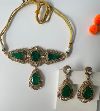 Cut Work Metal Detailing Green Stone Studded Necklace Set
