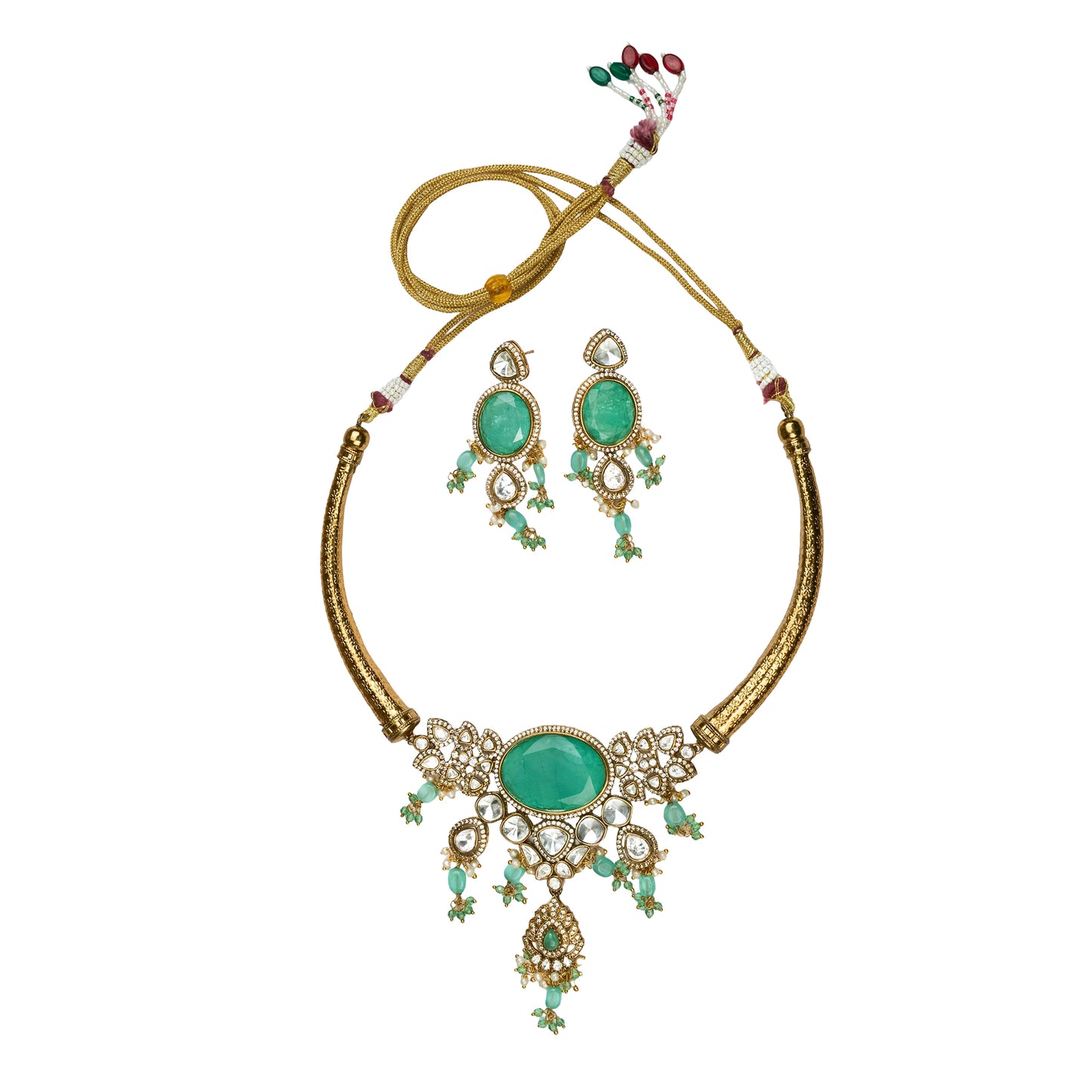 Gilded Gold Utsav Choker Set with Sea Green Stone Accents