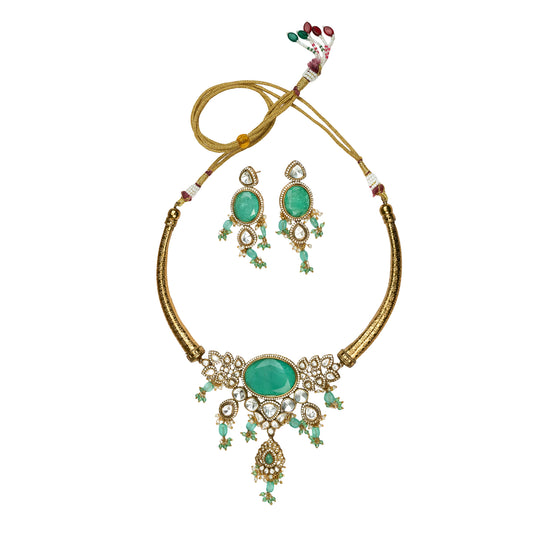 Gilded Gold Utsav Choker Set with Sea Green Stone Accents