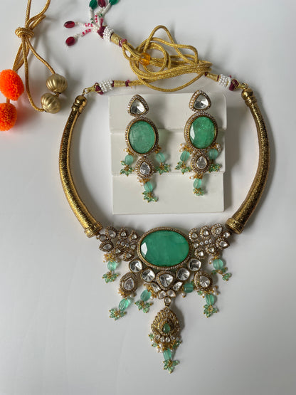 Gilded Gold Utsav Choker Set with Sea Green Stone Accents