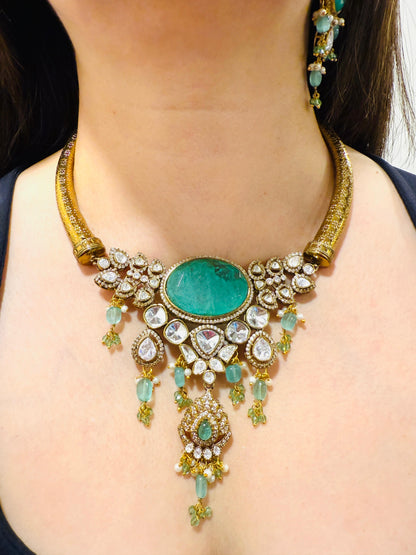 Gilded Gold Utsav Choker Set with Sea Green Stone Accents