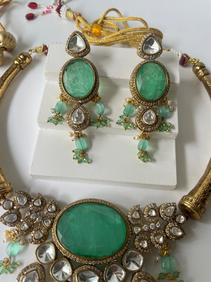 Gilded Gold Utsav Choker Set with Sea Green Stone Accents