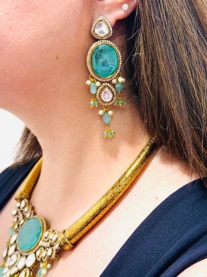 Gilded Gold Utsav Choker Set with Sea Green Stone Accents