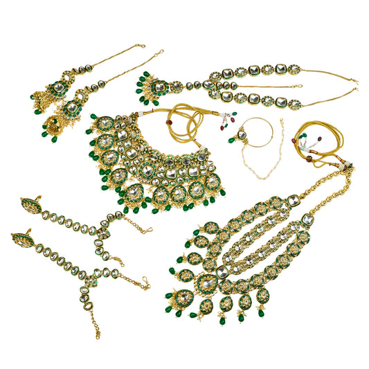 Emerald Green Utsav Kundan Necklace Set, Mathapatti, Nose Ring and Hand Harness