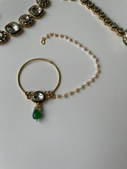 Emerald Green Utsav Kundan Necklace Set, Mathapatti, Nose Ring and Hand Harness