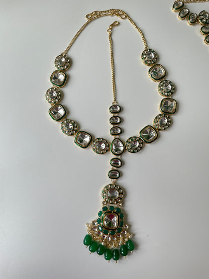 Emerald Green Utsav Kundan Necklace Set, Mathapatti, Nose Ring and Hand Harness
