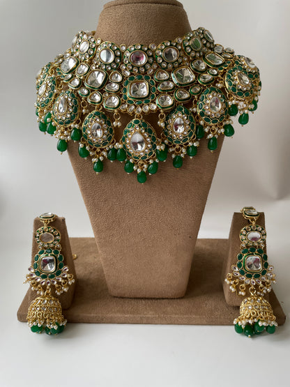 Emerald Green Utsav Kundan Necklace Set, Mathapatti, Nose Ring and Hand Harness